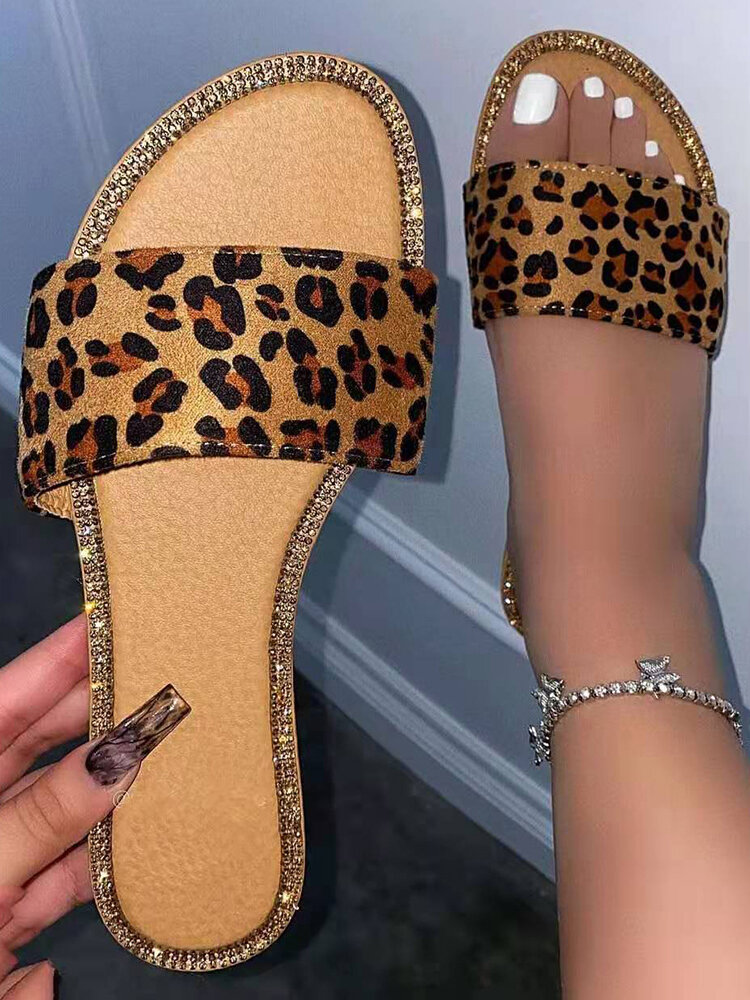 Women Holiday Casual Leopard Print Band Comfy Slip On Slides Slippers