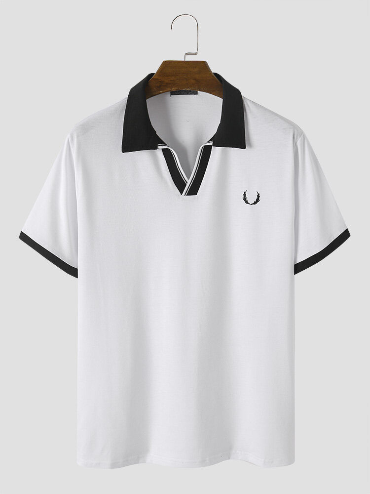 Men Contrast Trim Applique Soft Breathable Short Sleeve Business Polos Shirts