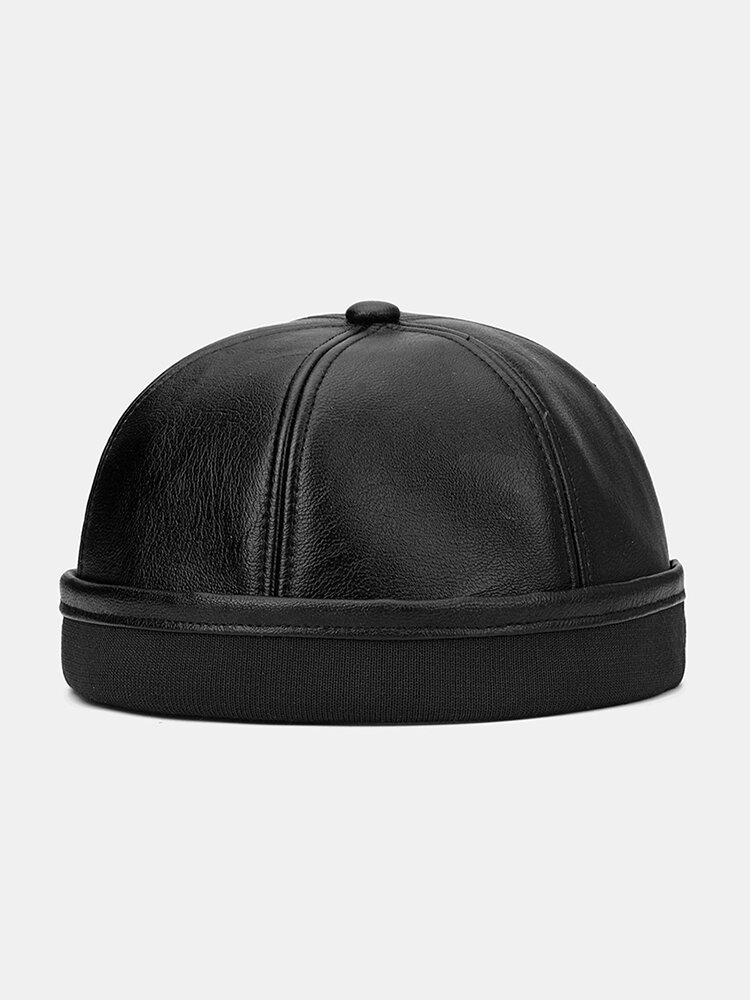 COLLROWN Men & Women Solid Color Leather Hat Brimless Landlord Cap Skull Cap