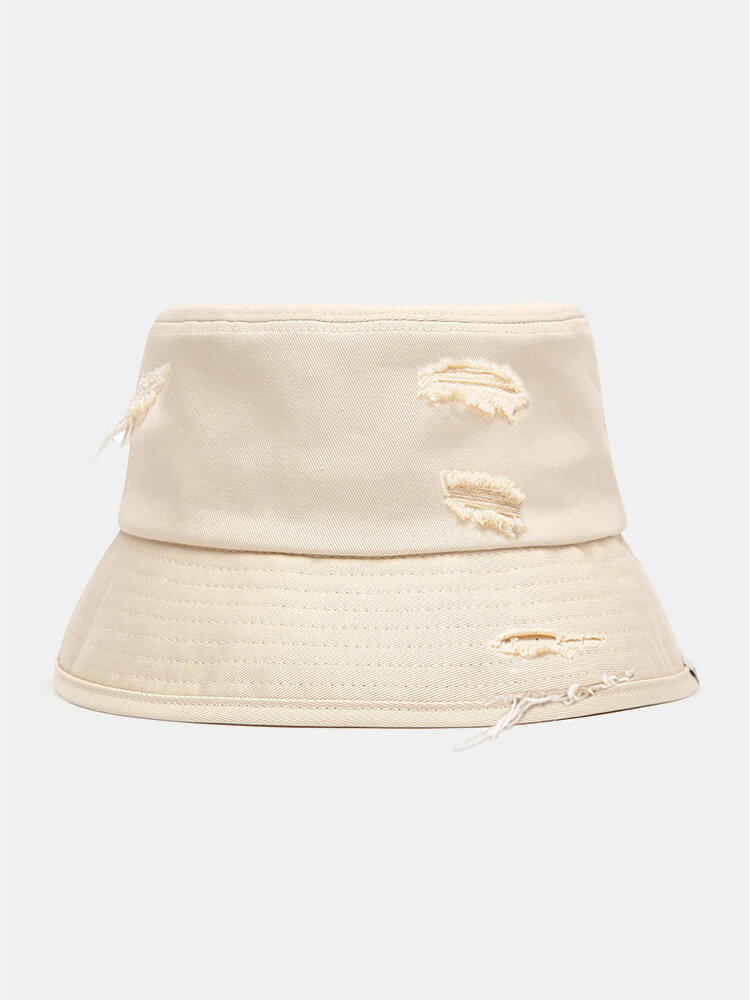 Unisex Polyester Cotton Solid Color Damaged Ripped All-match Sunscreen Bucket Hat