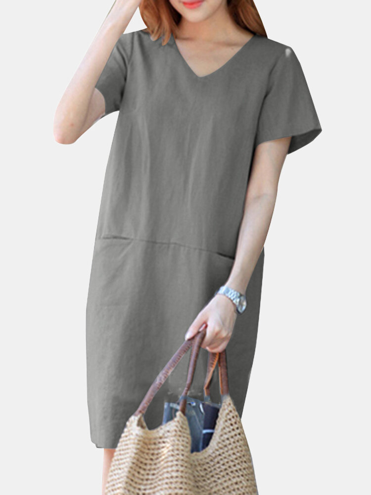 Solid Pocket Slit Hem V-neck Short Sleeve Vintage Dress