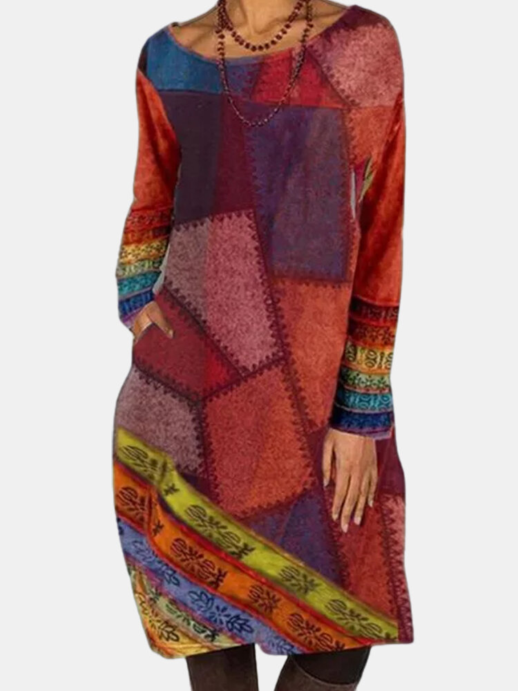 Contrast Color Patchwork Print Long Sleeve Vintage Dress For Women