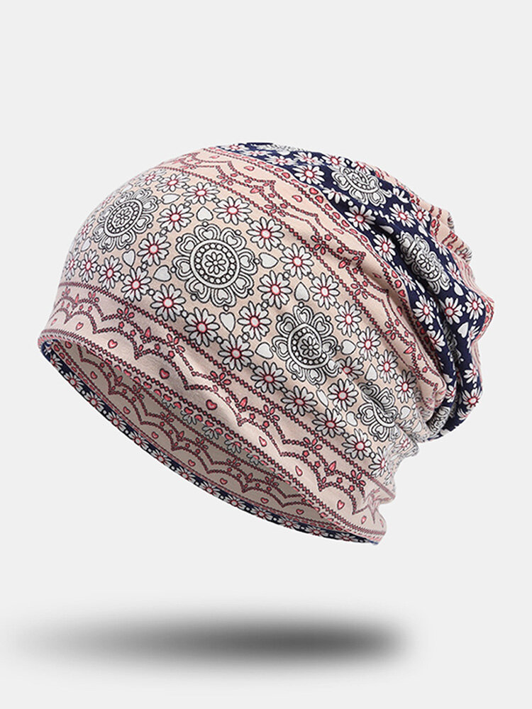 Women Polyester Cotton Plus Velvet Dual-use Overlay Floral Ethnic Pattern Print Elastic Scarf Beanie Hat