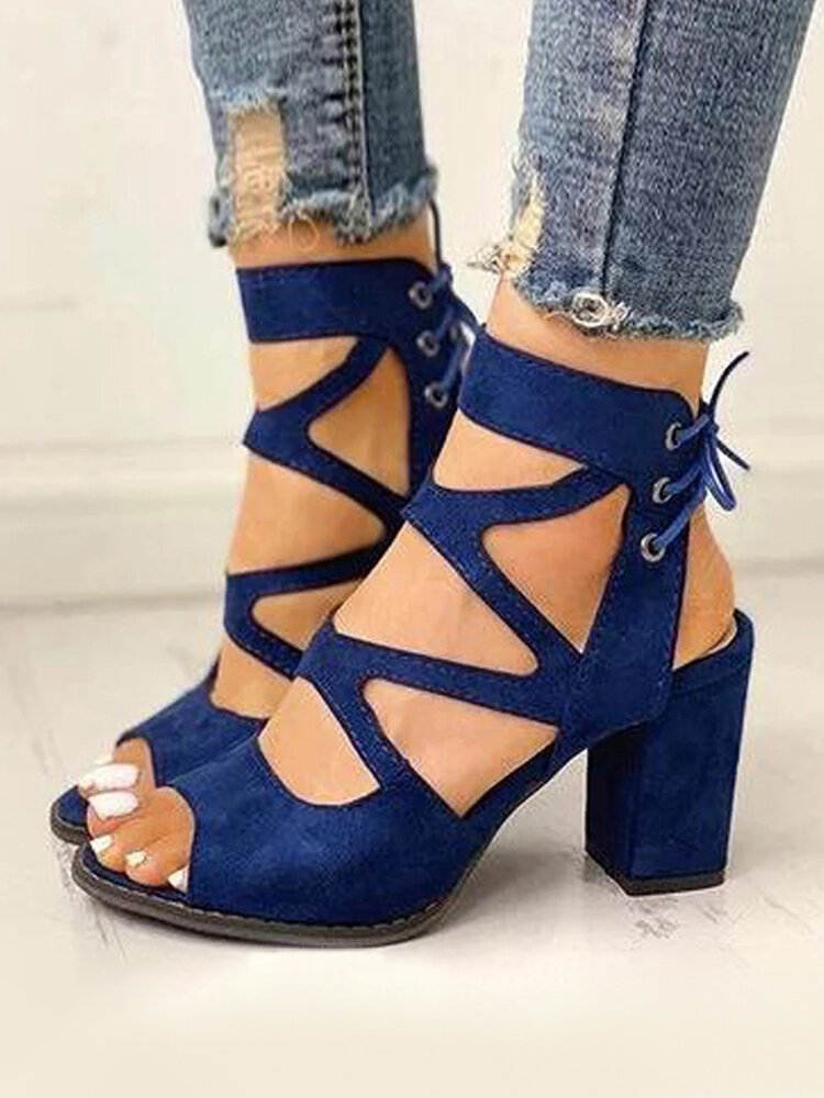 Plus Size Women Suede Peep Toe Strappy Chunky Heels Sandals