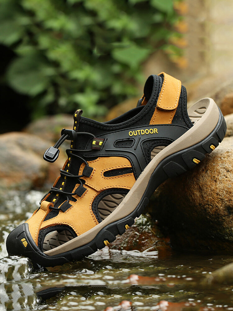 Men Outdoor Slip Resistant Comfy Leather Splicing Hiking Sandals