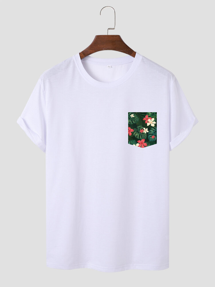 Mens Floral Leaf Chest Print Crew Neck Short Sleeve T-Shirts