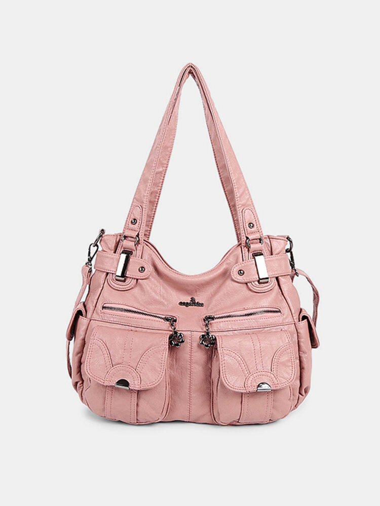 Women Hardware Multi-pockets Soft Leather Shoulder Bag 