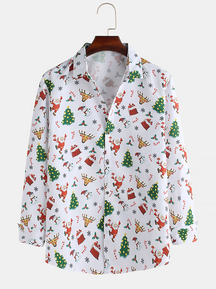 Mens Lovely Christmas Santa Deer Trees Snowman Jingle Bell Print Long Sleeve Shirts