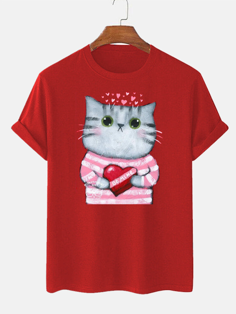 

Mens Cartoon Heart Cat Print Crew Neck Valentine' Day Short Sleeve T-Shirts Winter, Red
