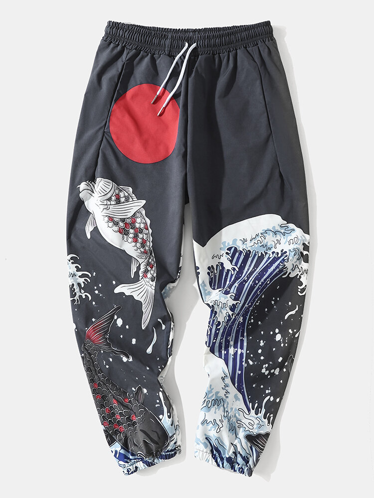 Mens Japanese Style Carp Wave Print Drawstring Pants With Pocket