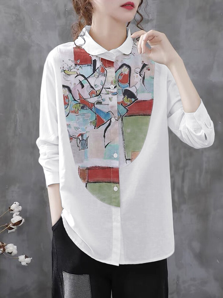 Abstract Print Long Sleeve Button Front Lapel Shirt