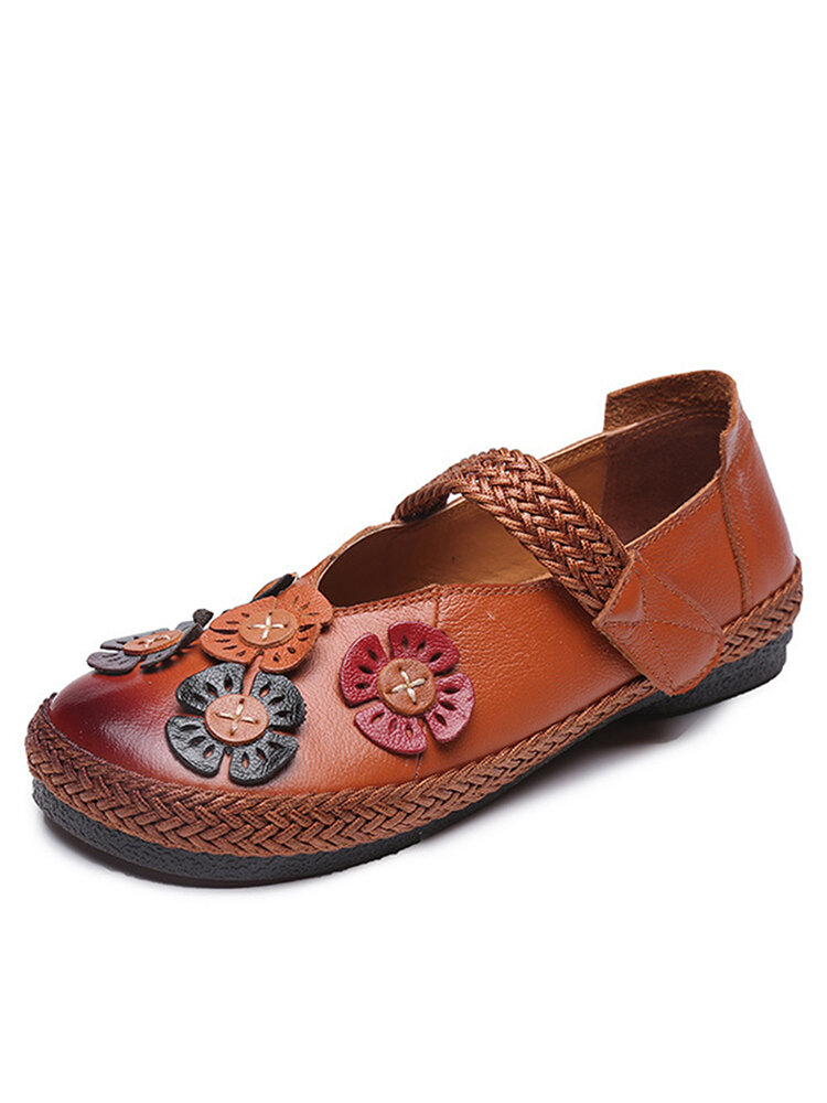 

Socofy Genuine Leather Handmade Retro Ethnic Soft Comfy Hook & Loop Floral Embellished Mary Jane Shoes, Yellow;red;black