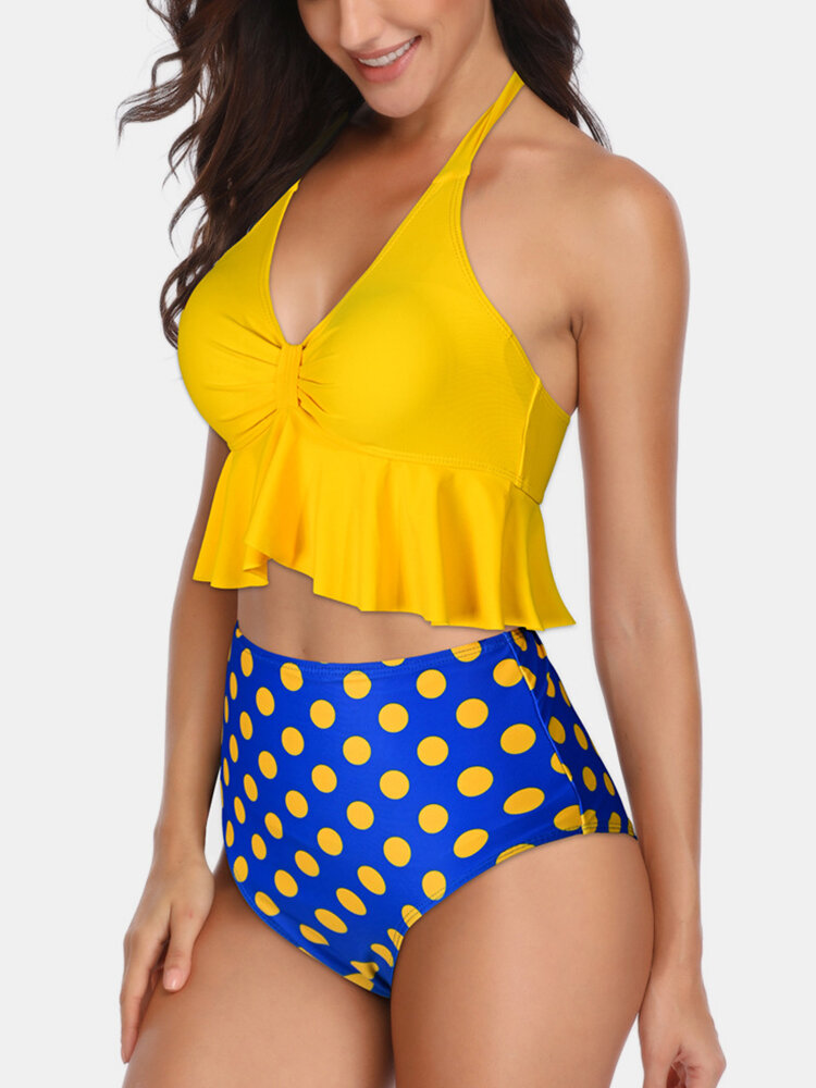 

Women Bikini Halter String Ruffles Backless Top High Rise Polka Dot Swimwear, Yellow