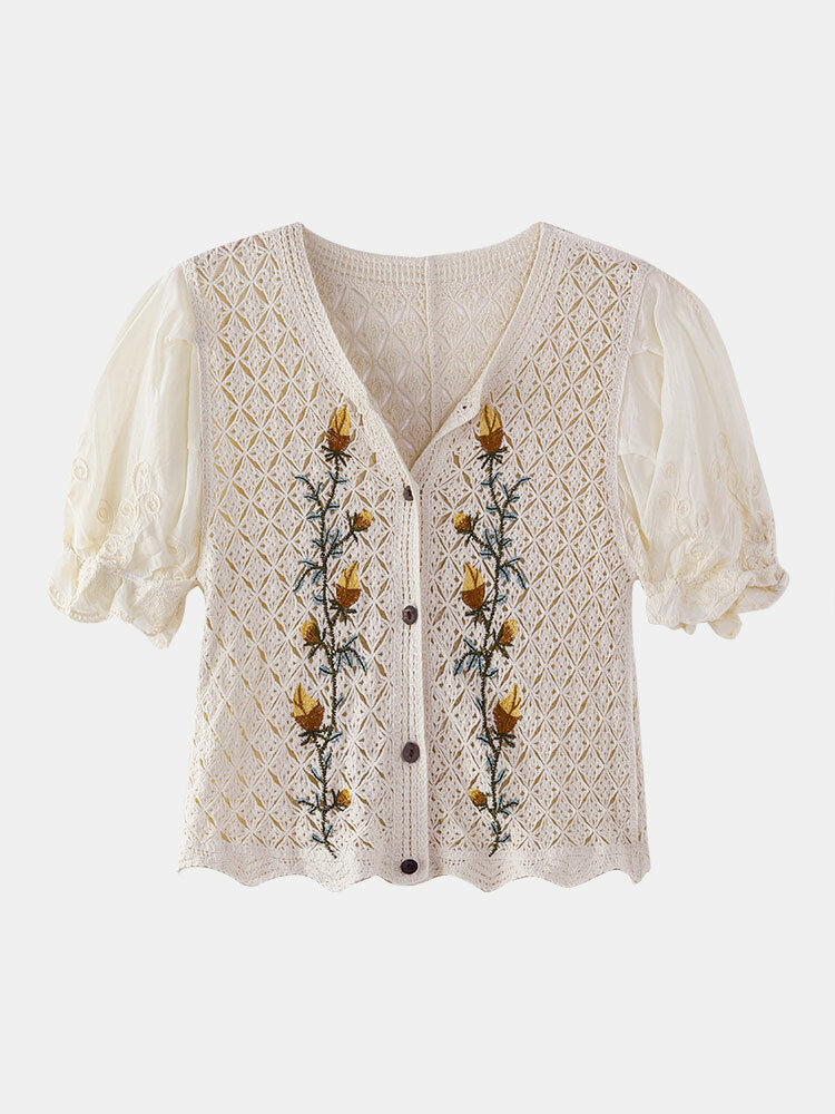 Plants Embroidery V-neck Button Half Sleeve Hollow Women Blouse