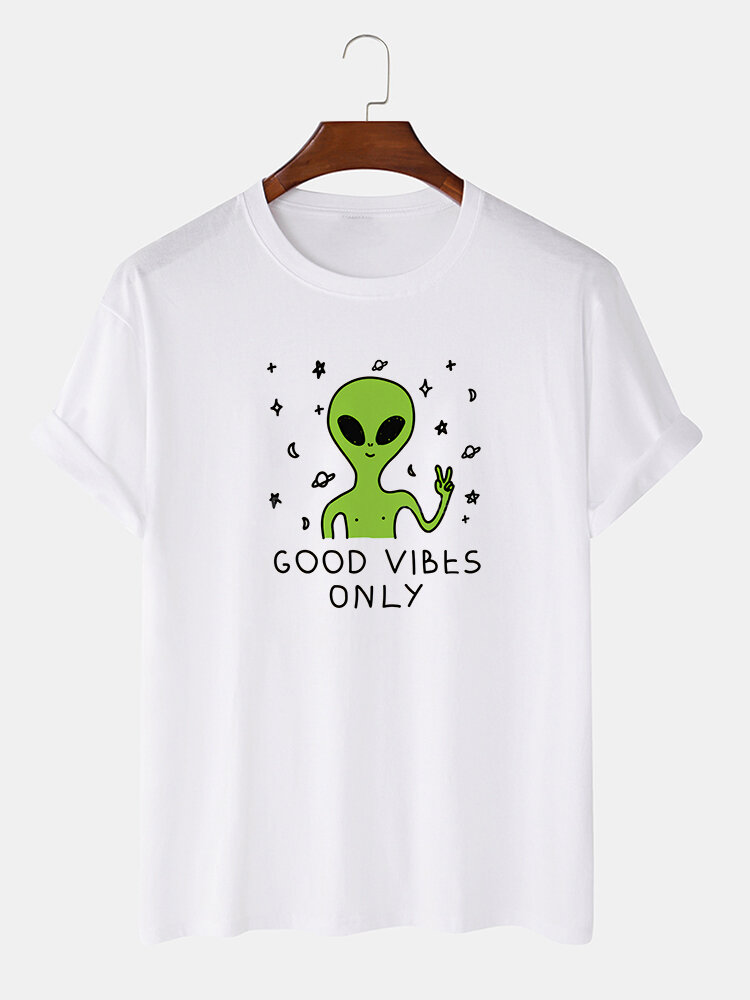 Men 100% Cotton Fun Alien Printed Casual T-shirt