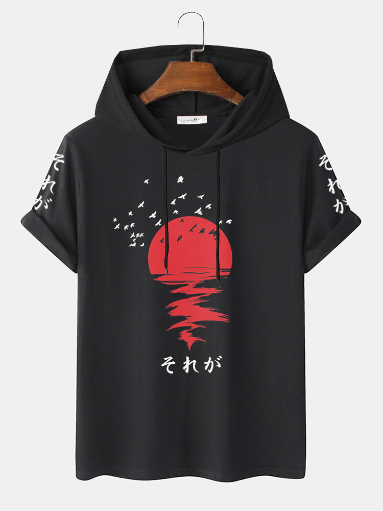 मेन्स रेड सन जापानी प्रिंट शॉर्ट स्लीव ड्रॉस्ट्रिंग हूडेड टी-शर्ट्स