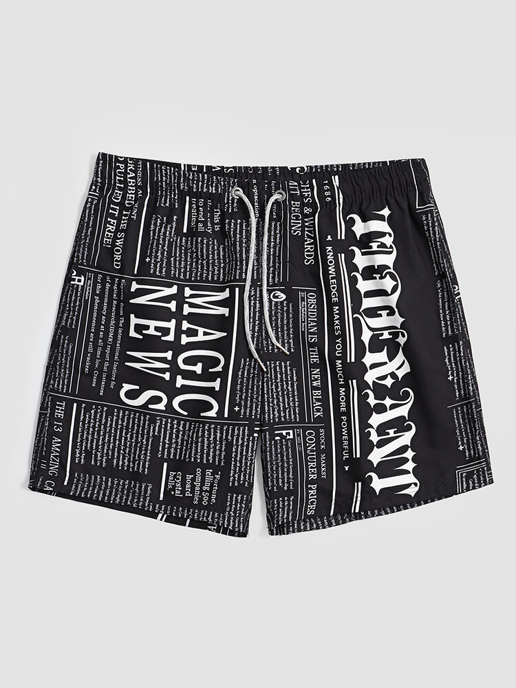 Men Newspaper Style Smooth Mid Length Quick Dry Holiday Board Shorts