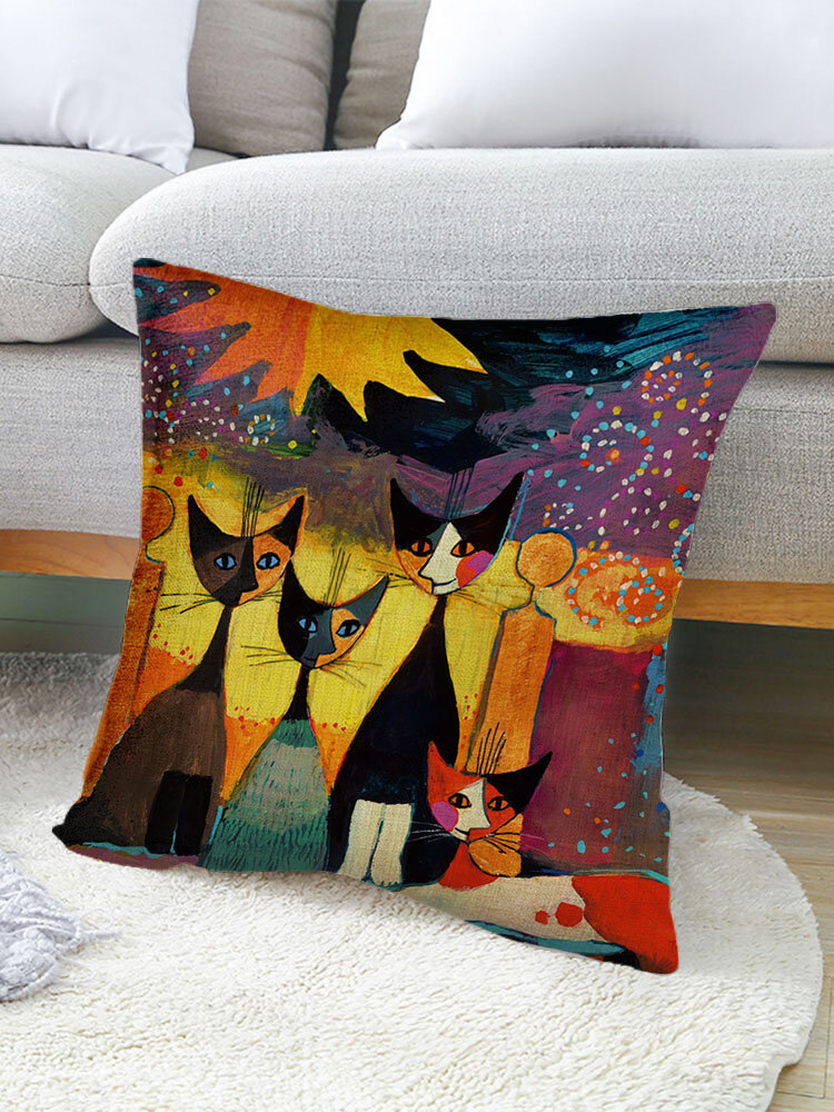 

1PC Linen Abstract Cartoon Cat Colorful Sofa Bedside Car Chair Throw Pillow Cover Decorative Cushion Cover