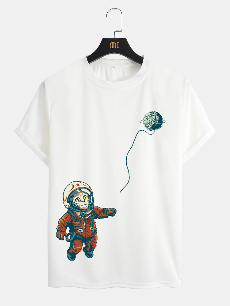 Mens Cartoon Astronaut Cat Print Crew Neck Short Sleeve T-Shirts