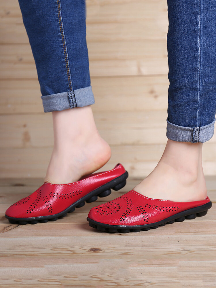 Women Flower Hollow Out Casual Leather Flat Backless Loafers
