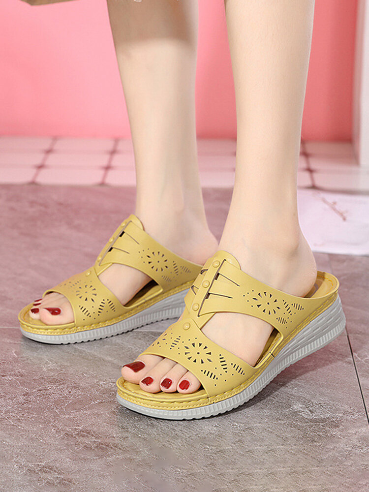 Women Casual Simple Comfy Breathable Hollow Handmade Wedges Slippers