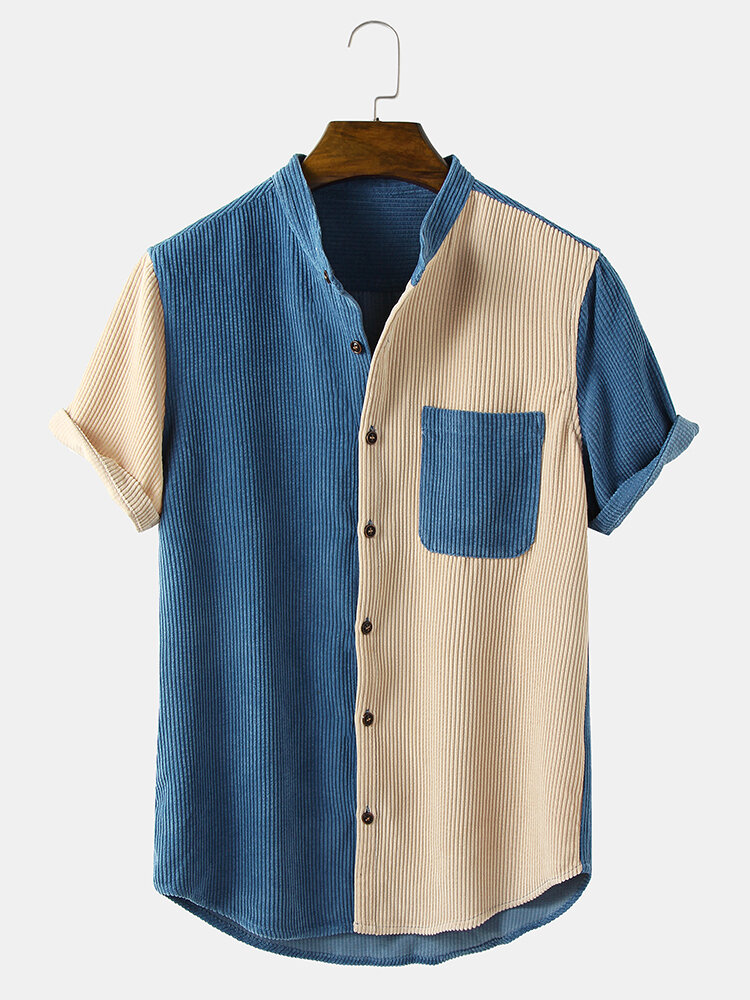 Mens Two Tone Corduroy Splice Stand Collar Short Sleeve Shirts