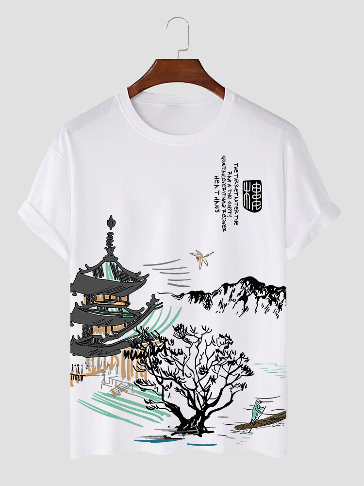 Mens Chinese Landscape Print Crew Neck Short Sleeve T-Shirts