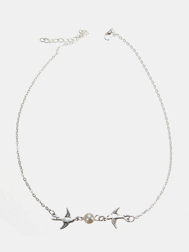 Silver Pearl Bird Pendant Clavicle Necklace