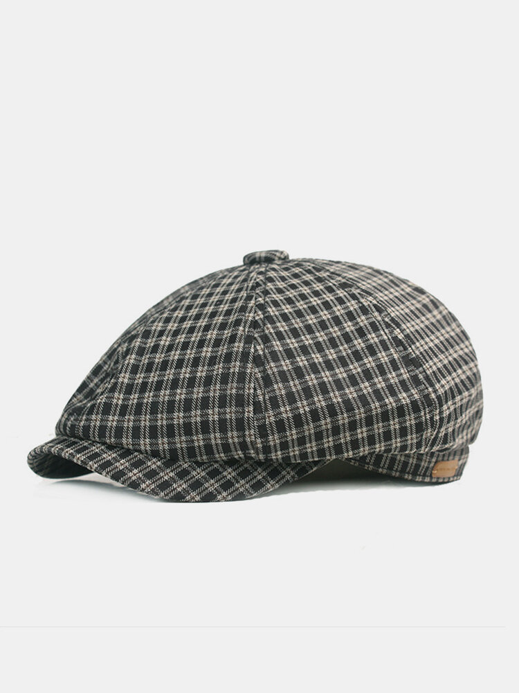 Men Cotton Plaid Pattern Casual Octagonal Hats Painter Hats Beret Flat Caps