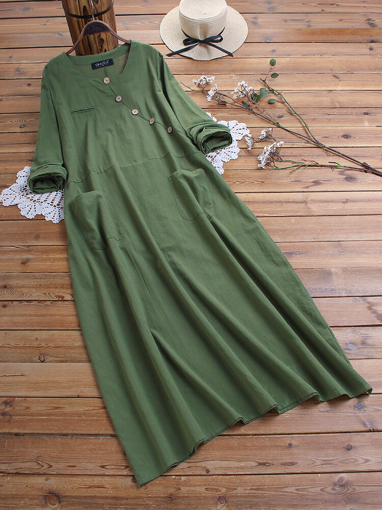 Vintage Solid Color Button Pocket Long Sleeve O-neck Maxi Dress