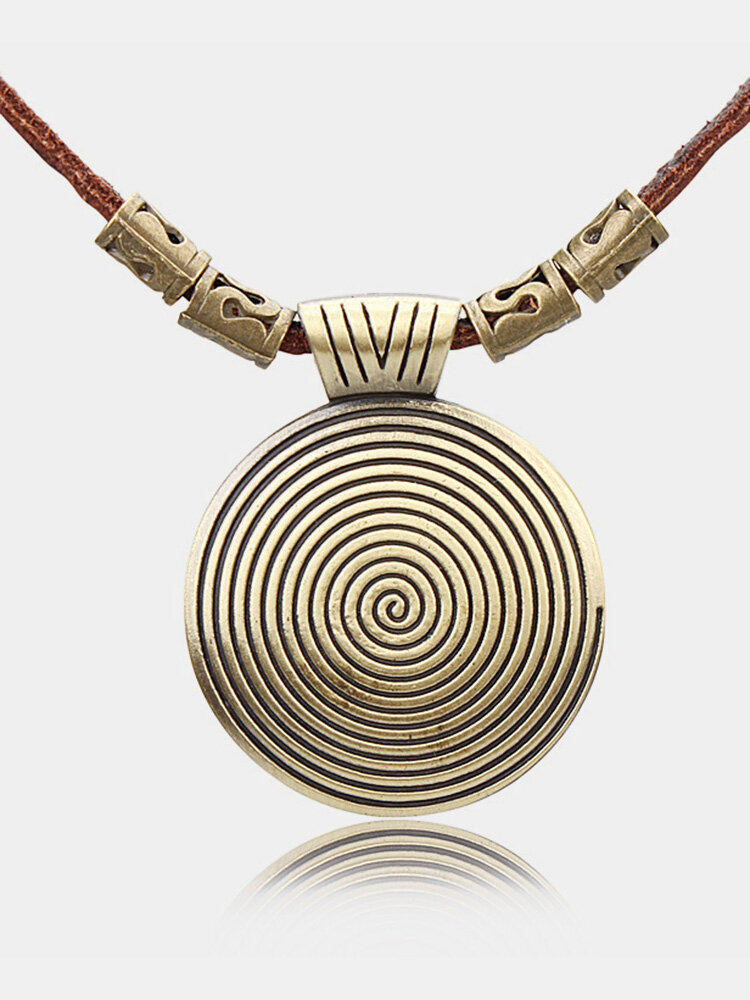 Vintage Thread Round Pendant Antique Gold Necklaces Leather Long Necklaces for Women Men