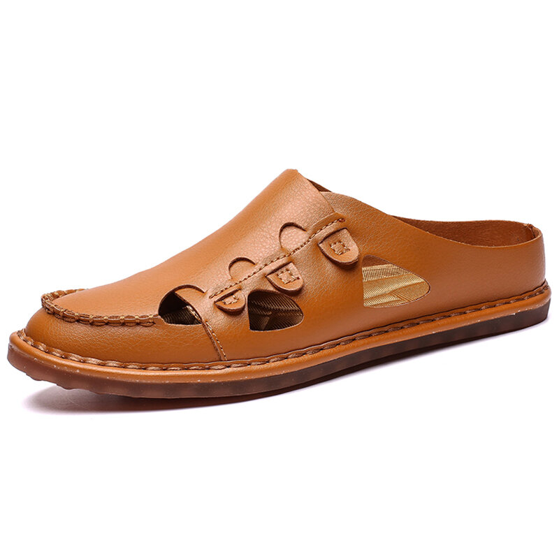 Large Size Men Hand Stitching Non-slip Backless Soft Casual Leather Sandals 