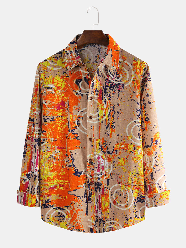 Men Cotton Linen Ethnic Floral Printed Casual Slim Shirt