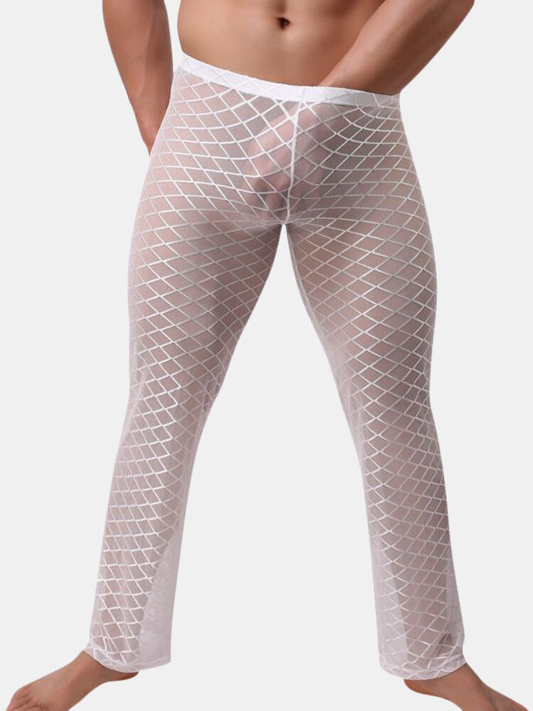 

Sexy Spur Thin Translucent Loose Diamond Fabric Design Comfortable Pajamas Sleep Pants for Men, White;black