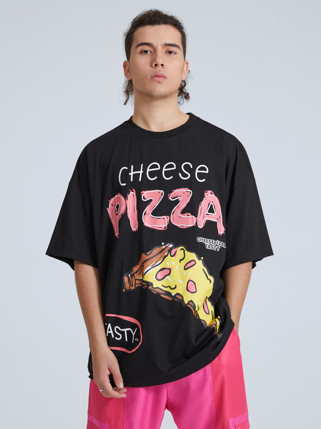 Men Cartoon Pizza Letter Print Loose Fit T-Shirt