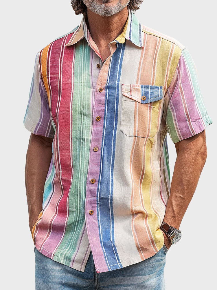 Mens Multicolor Striped Chest Pocket Lapel Collar Camisas casuais