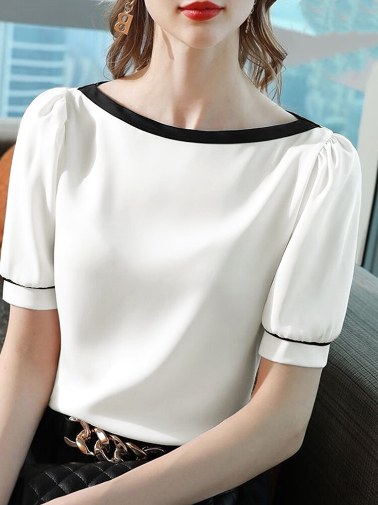 Contrast Puff Sleeve Crew Neck Blouse For Women