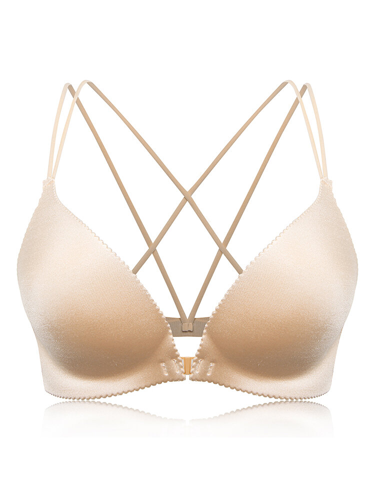 

Push Up Front Closure Criss-cross Back Wireless Bras, Black;nude