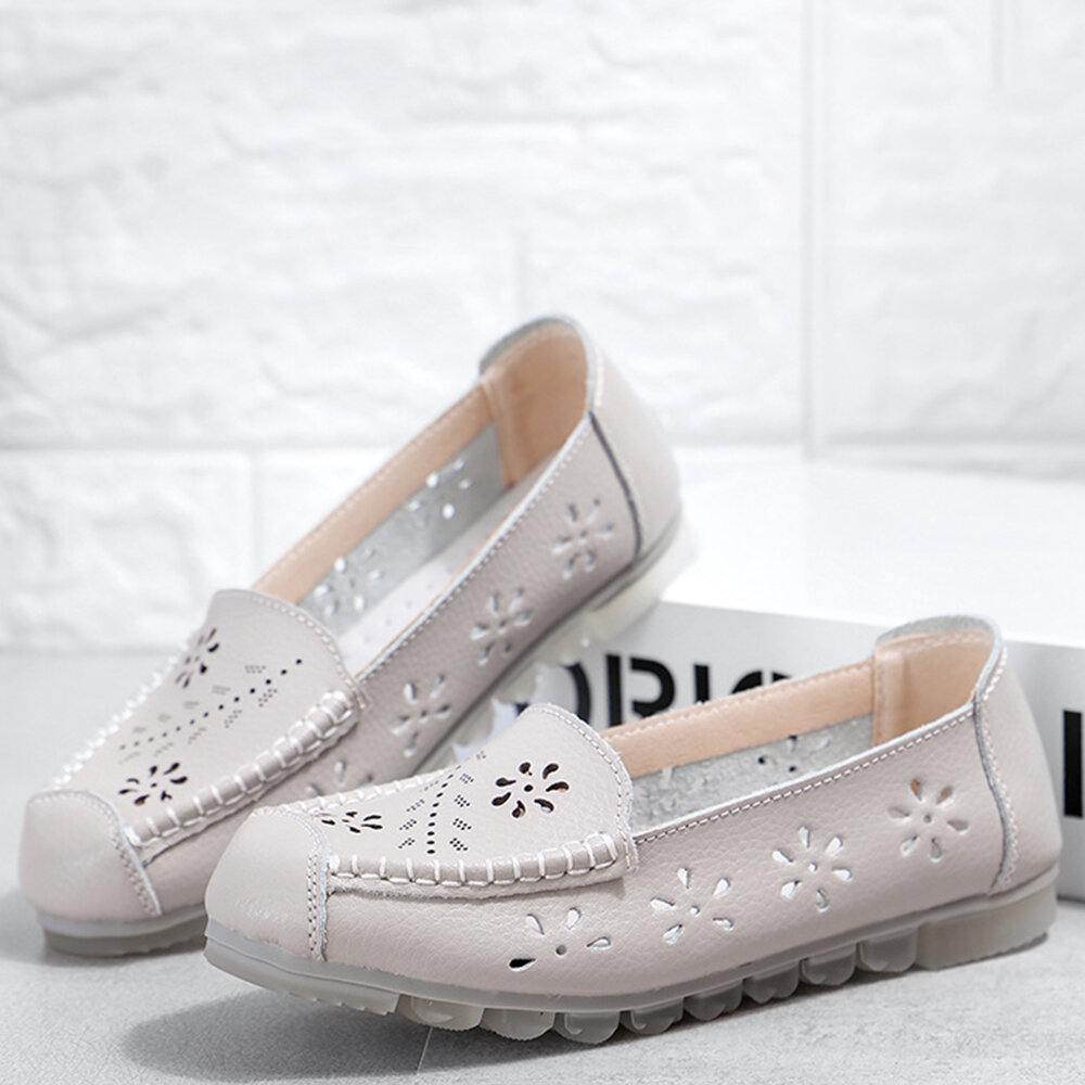 Leather Hollow Out Slip On Casual Flat Shoes For Women