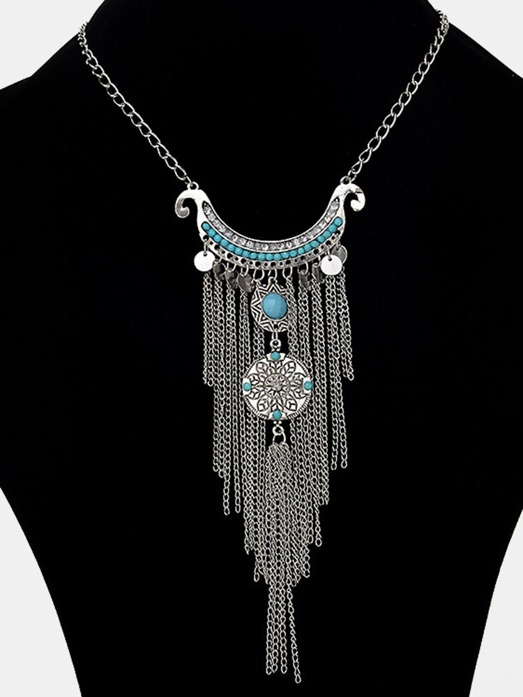Vintage Statement Necklace Turquoise Geometric Chains Tassels Pendant Necklace for Women