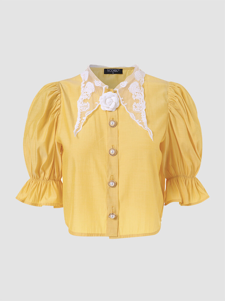 Элегантная блузка с рукавами до локтя и пуговицами с цветочным принтом