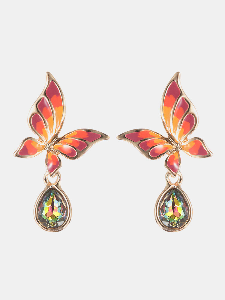 Women's Colorful Gemstone Earrings 18K Gold Enamel Red Butterfly Zirconia Dangle Earrings