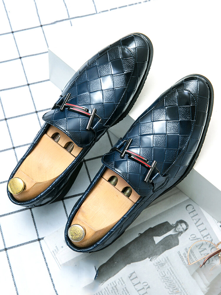 Men Slip On Argyle Pattern Metal Design Stylish Business Dress Shoes