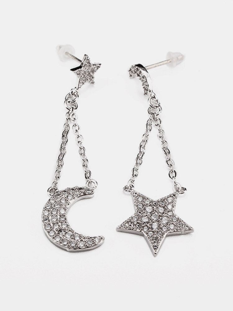 Simple Women Earrings Alloy Rhinestone Star Moon Tassel Earrings