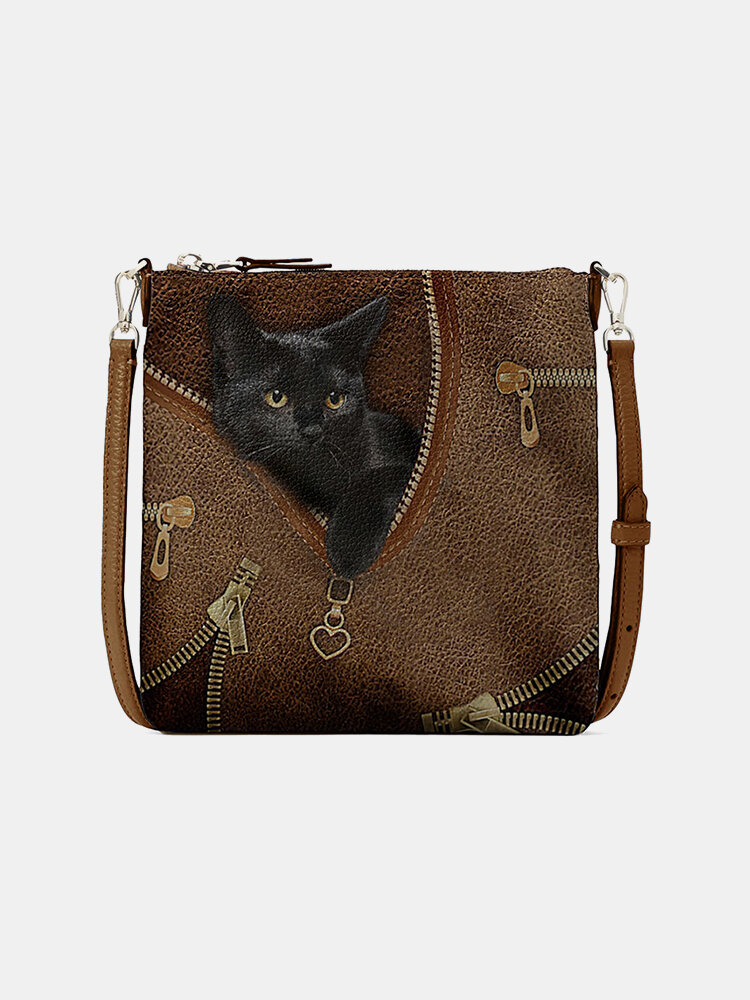 Women PU Leather Cat Pattern Printing 6.5 Inch Phone Bag Crossbody Bag