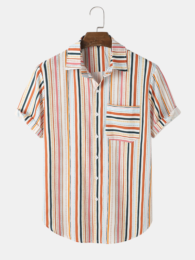 Mens Casual Colorful Striped Button Up Short Sleeve Shirt With Pocket