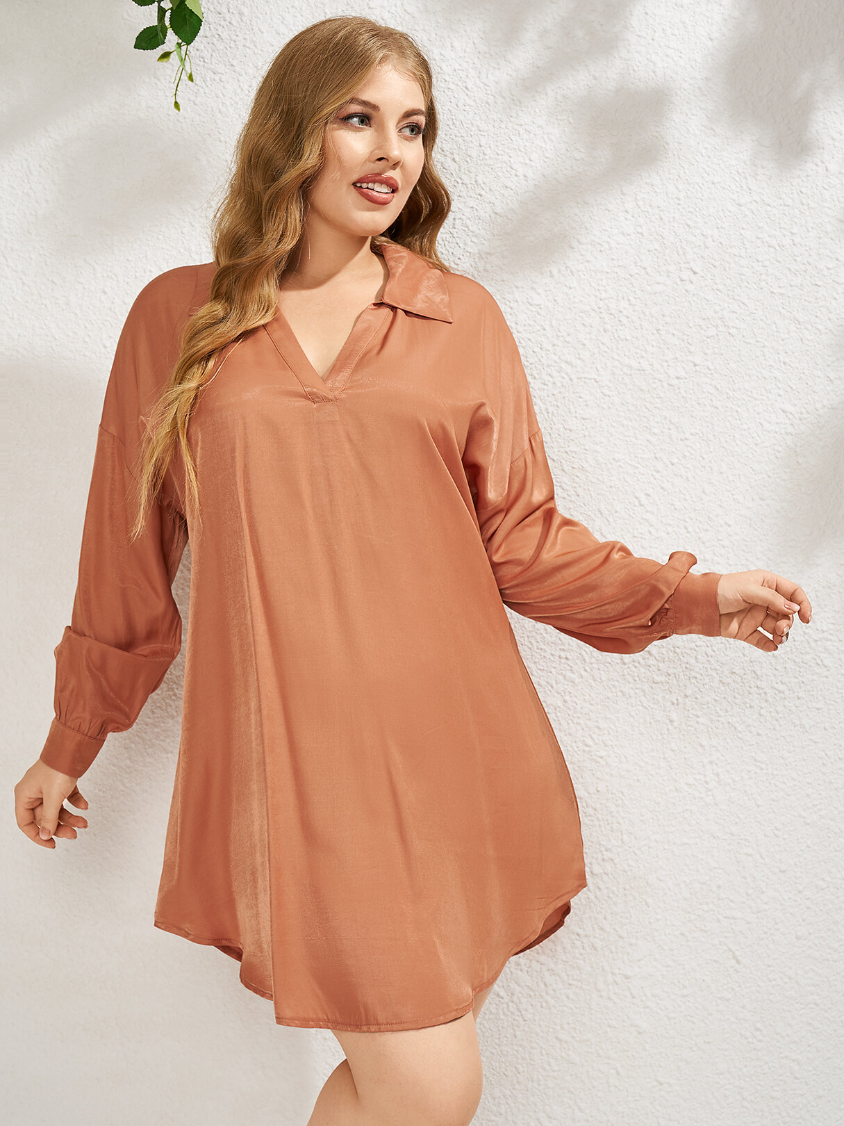 

Plus Size Solid Color Notch Collar Long Sleeve Shirt Mini Dress, Orange