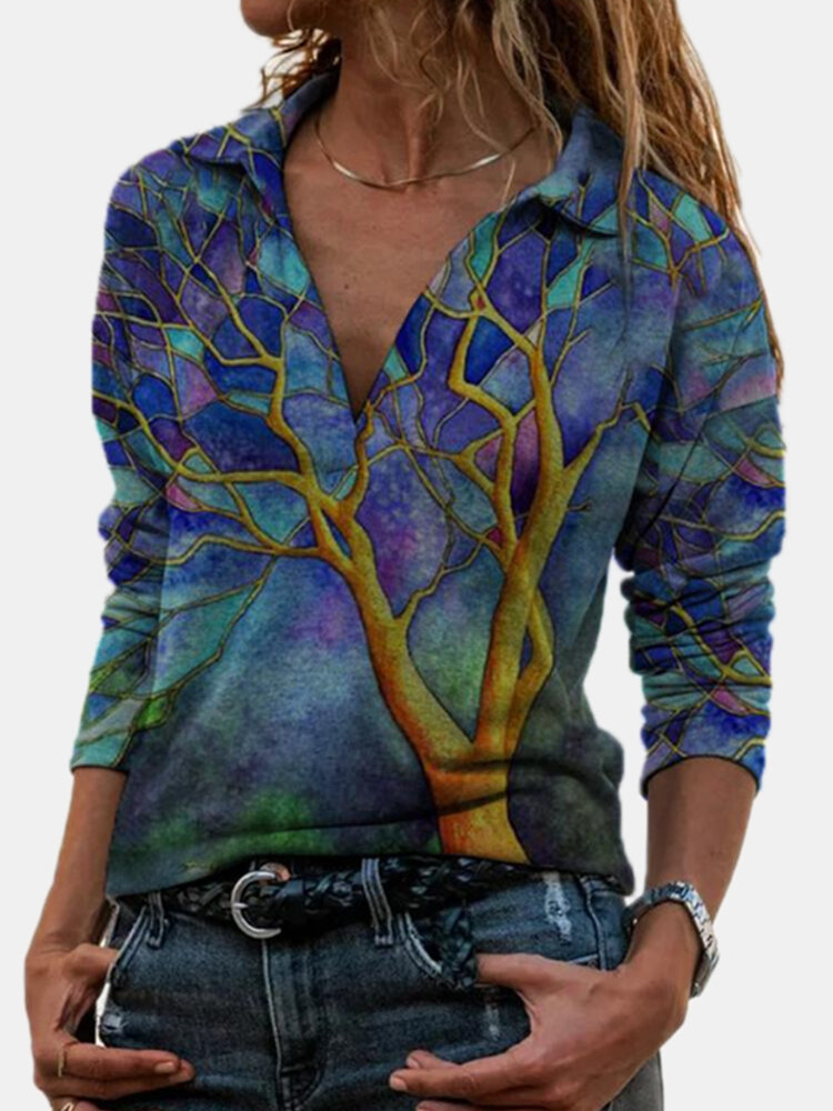 

Art Painting Print Long Sleeves Lapel Collar Casual Blouse For Women, As picture