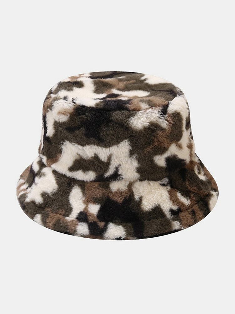 Unisex Faux Rabbit Fur Plush Camouflage Pattern Print Outdoor Warmth Bucket Hat