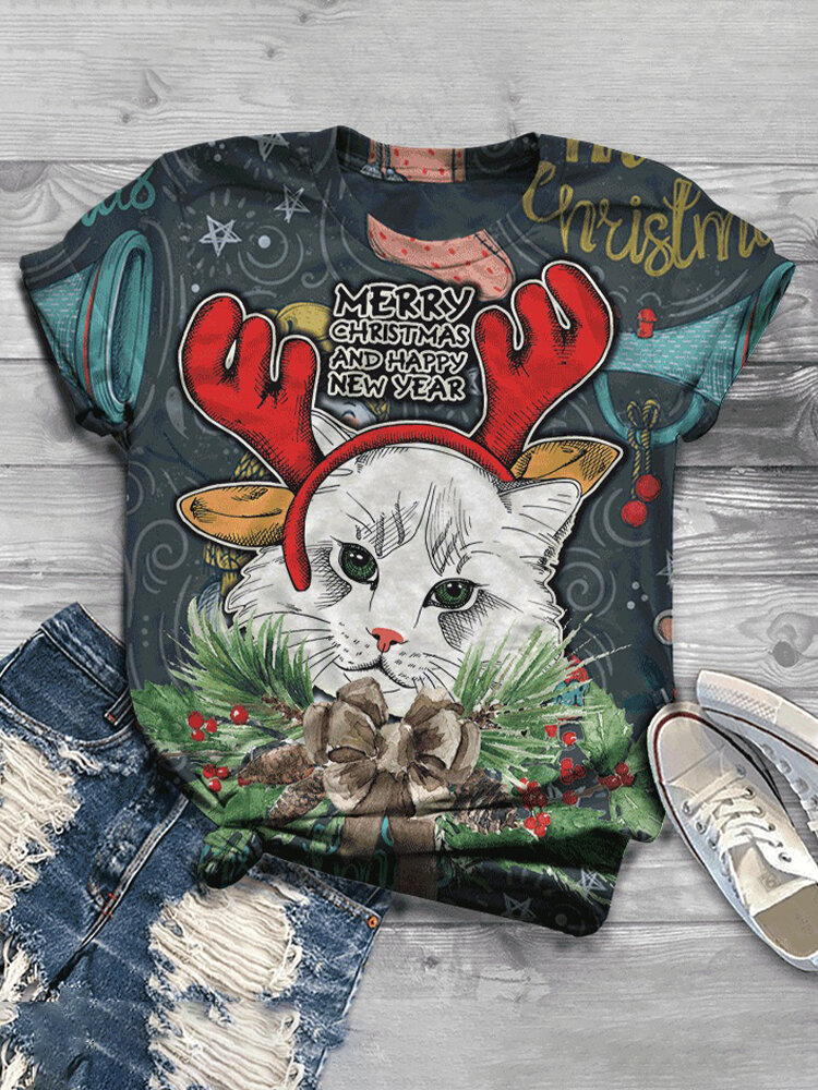 Cartoon Cat Printed Long Sleeve O-neck Casual T-shirt For Women